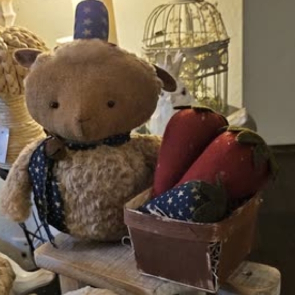 Charming Brown primitive Plush Sheep With Hat And Strawberries